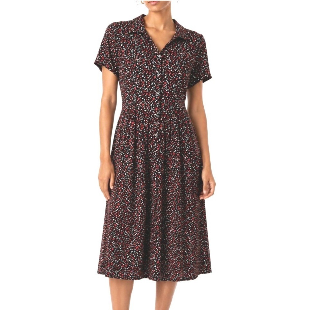 J Jill Short Sleeve Midi Smocked Shirt Dress L Black Ditsy Floral Comfort Knit
